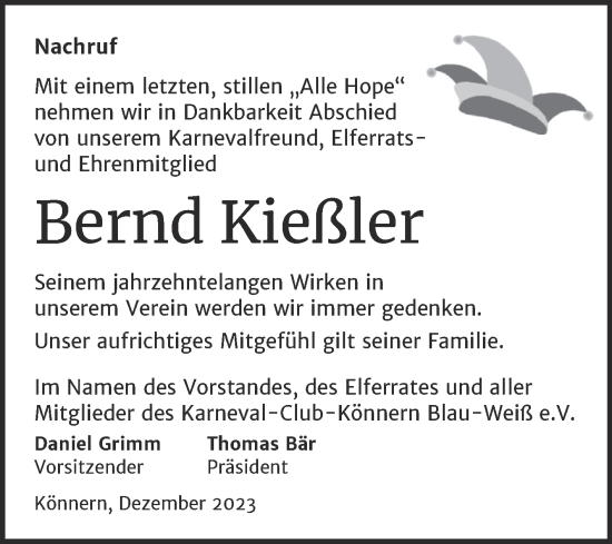 Traueranzeige von Bernd Kießler von Super Sonntag Bernburg