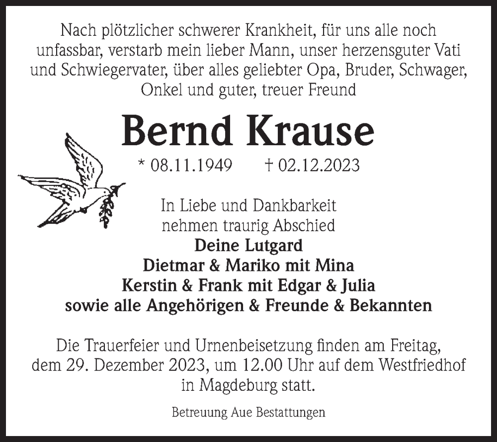  Traueranzeige für Bernd Krause vom 09.12.2023 aus Volksstimme Altmark West