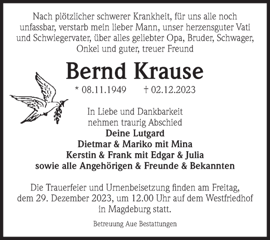 Traueranzeige von Bernd Krause von Volksstimme Altmark West