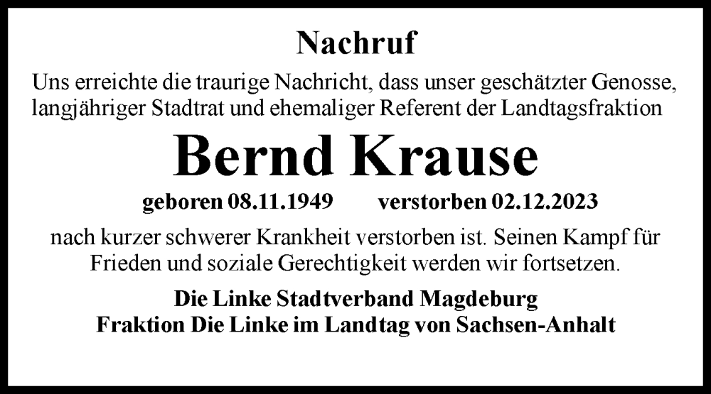  Traueranzeige für Bernd Krause vom 15.12.2023 aus Volksstimme Magdeburg