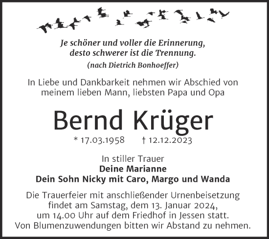 Traueranzeige von Bernd Krüger von Trauerkombi Wittenberg