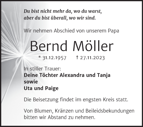 Traueranzeige von Bernd Möller von Super Sonntag Wittenberg