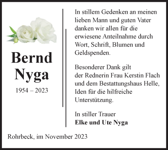 Traueranzeige von Bernd Nyga von Volksstimme Altmark Ost