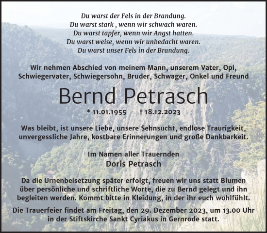 Traueranzeige von Bernd Petrasch von Mitteldeutsche Zeitung Quedlingburg