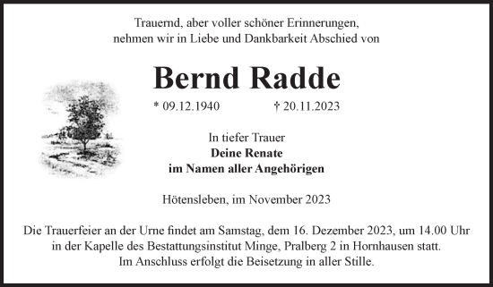 Traueranzeige von Bernd Radde von Volksstimme Oschersleben/Wanzleben