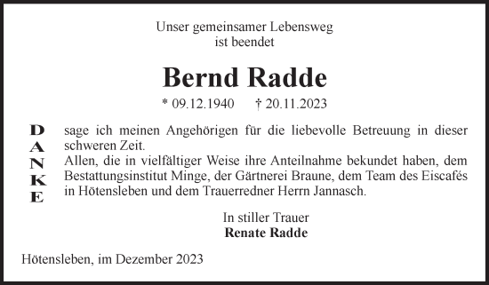 Traueranzeige von Bernd Radde von Volksstimme Oschersleben/Wanzleben