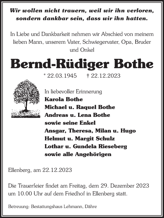 Traueranzeige von Bernd-Rüdiger Bothe von Volksstimme Altmark West
