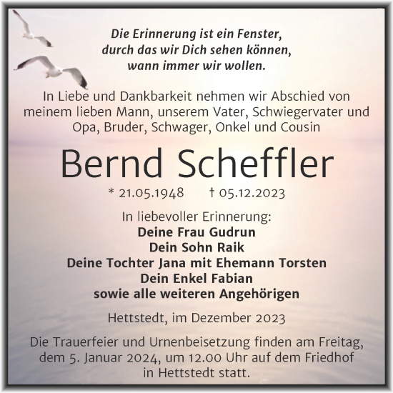 Traueranzeige von Bernd Scheffler von Trauerkombi Mansfelder Land