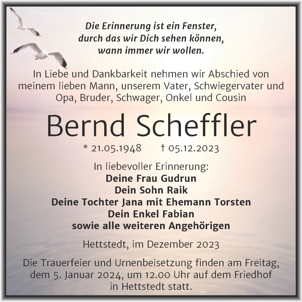  Traueranzeige für Bernd Scheffler vom 23.12.2023 aus Trauerkombi Mansfelder Land
