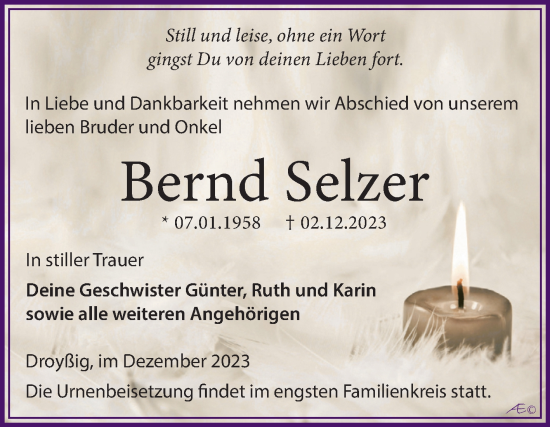 Traueranzeige von Bernd Selzer von Trauerkombi Zeitz