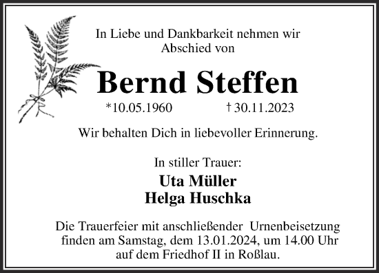 Traueranzeige von Bernd Steffen von Trauerkombi Dessau