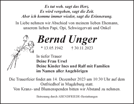 Traueranzeige von Bernd Unger von Volksstimme Magdeburg