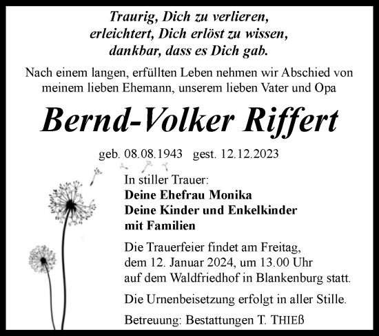Traueranzeige von Bernd-Volker Riffert von Volksstimme Wernigerode