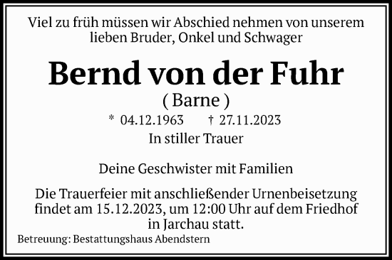Traueranzeige von Bernd von der Fuhr von Volksstimme Altmark Ost