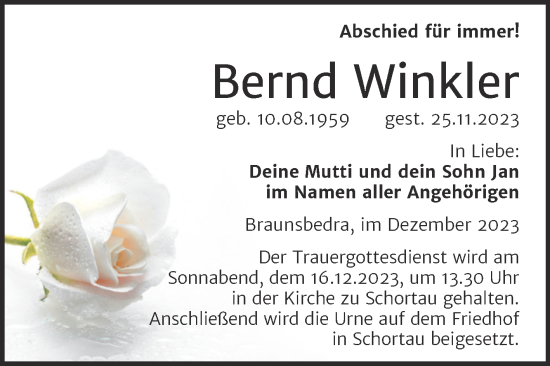 Traueranzeige von Bernd Winkler von Trauerkombi Merseburg