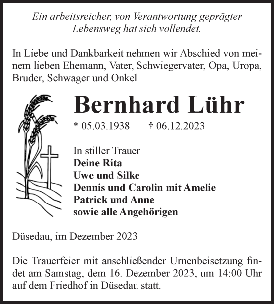 Traueranzeige von Bernhard Lühr von Volksstimme Altmark Ost