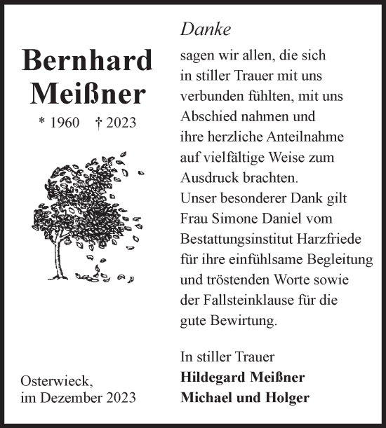 Traueranzeige von Bernhard Meißner von Volksstimme Halberstadt