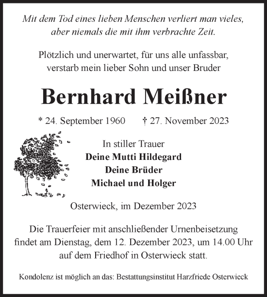 Traueranzeige von Bernhard Meißner von Volksstimme Halberstadt