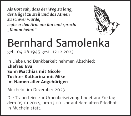 Traueranzeige von Bernhard Samolenka von Trauerkombi Merseburg