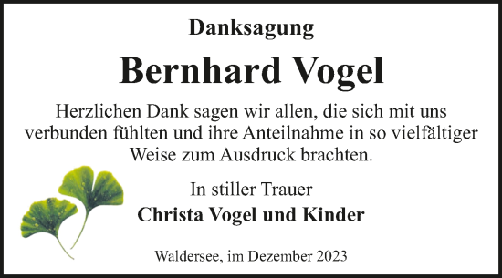 Traueranzeige von Bernhard Vogel von Trauerkombi Dessau