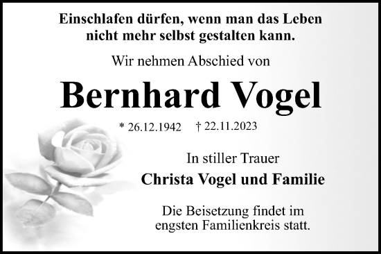 Traueranzeige von Bernhard Vogel von Trauerkombi Dessau