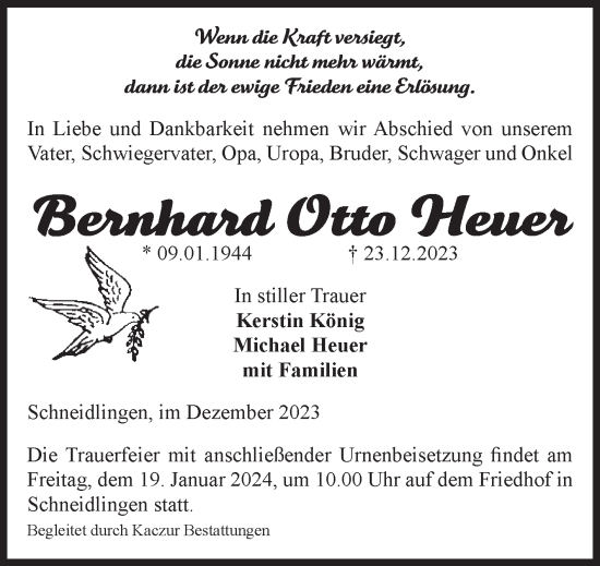 Traueranzeige von Bernhard Otto Heuer von Volksstimme Staßfurt