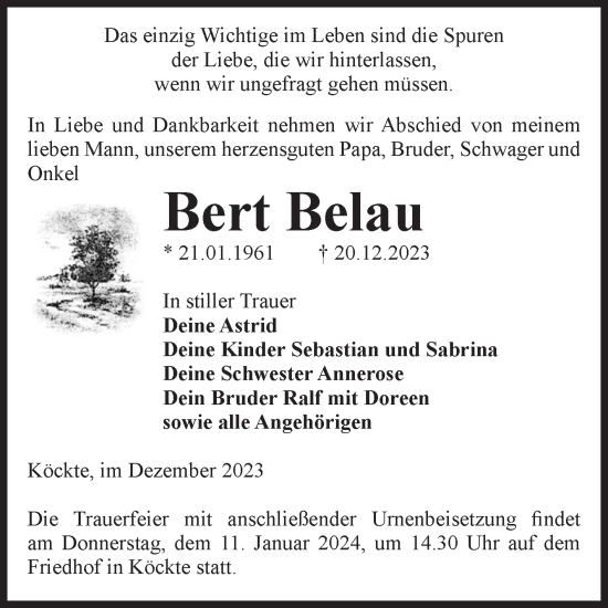 Traueranzeige von Bert Belau von Volksstimme Altmark Ost