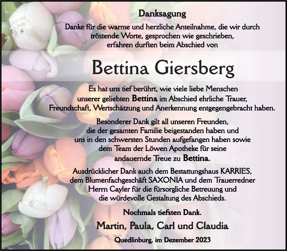  Traueranzeige für Bettina Giersberg vom 16.12.2023 aus Trauerkombi Quedlinburg