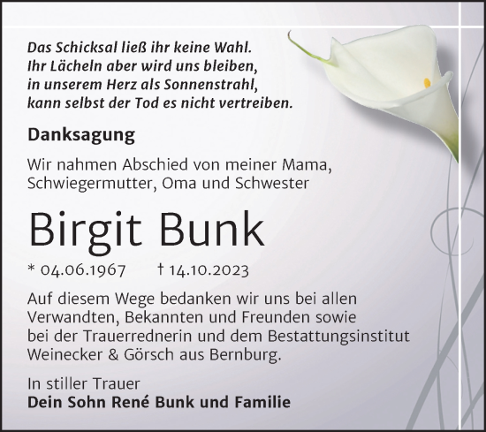 Traueranzeige von Birgit Bunk von Trauerkombi Bernburg