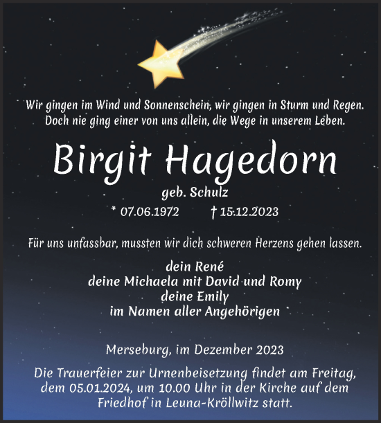 Traueranzeige von Birgit Hagedorn von Trauerkombi Merseburg
