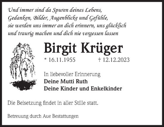 Traueranzeige von Birgit Krüger von Volksstimme Magdeburg