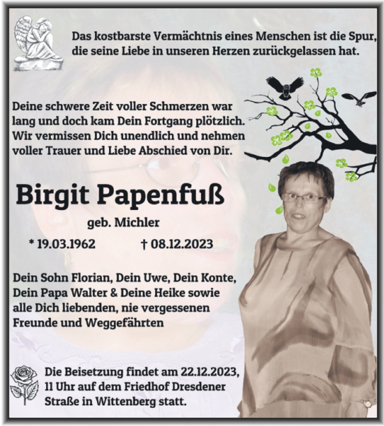 Traueranzeige von Birgit Papenfuß von Trauerkombi Wittenberg