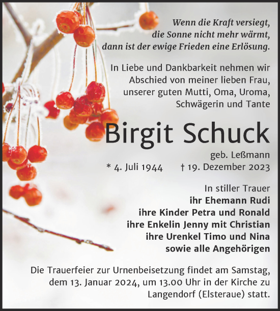 Traueranzeige von Birgit Schuck von Trauerkombi Zeitz