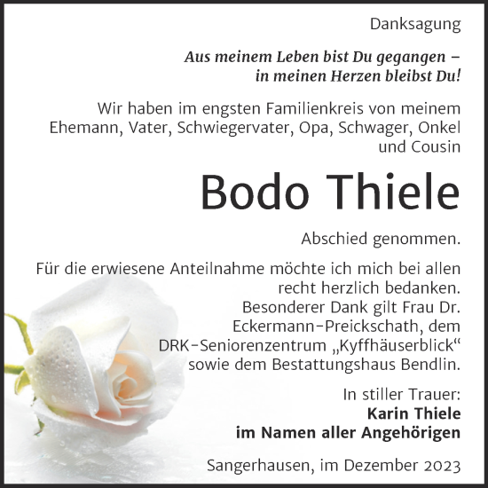 Traueranzeige von Bodo Thiele von Trauerkombi Sangerhausen