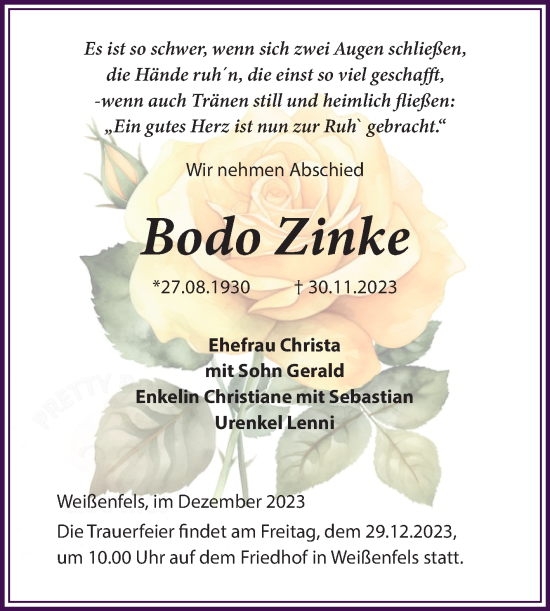 Traueranzeige von Bodo Zinke von Trauerkombi Weißenfels