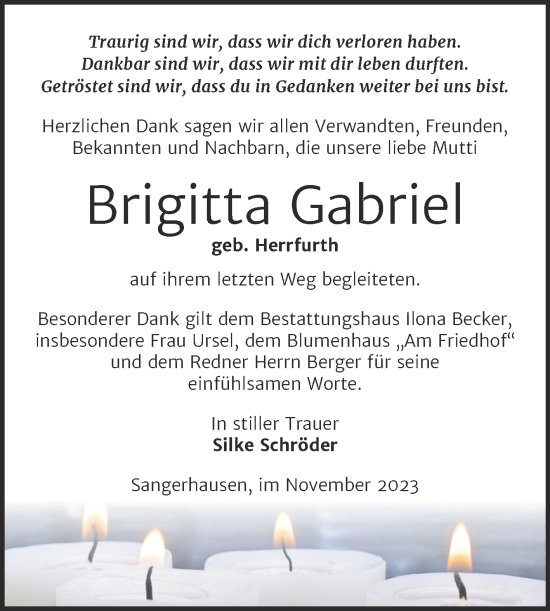 Traueranzeige von Brigitta Gabriel von Trauerkombi Sangerhausen