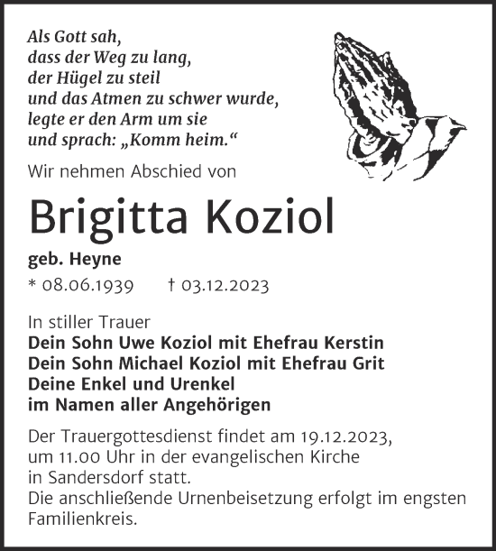 Traueranzeige von Brigitta Koziol von Trauerkombi Bitterfeld