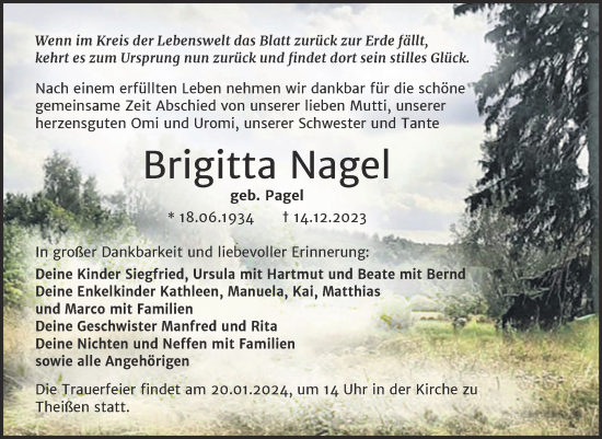 Traueranzeige von Brigitta Nagel von Trauerkombi Zeitz