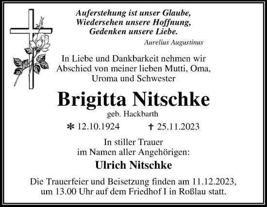 Traueranzeige von Brigitta Nitschke von Trauerkombi Dessau