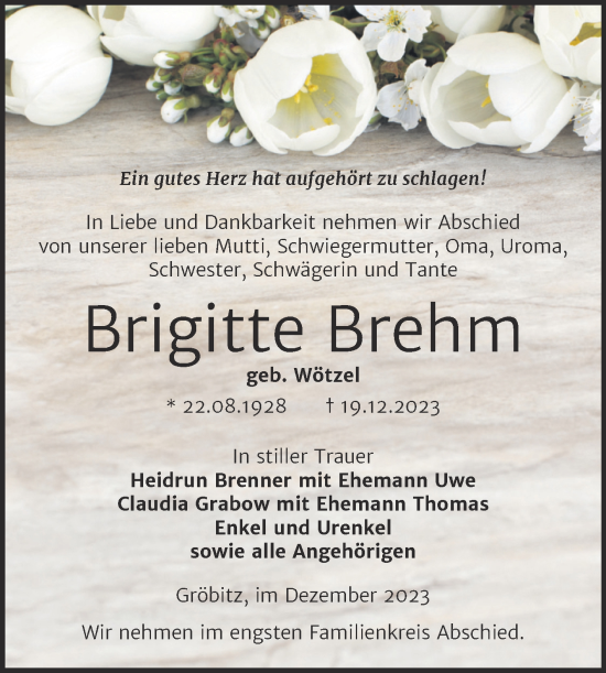 Traueranzeige von Brigitte Brehm von Trauerkombi Weißenfels