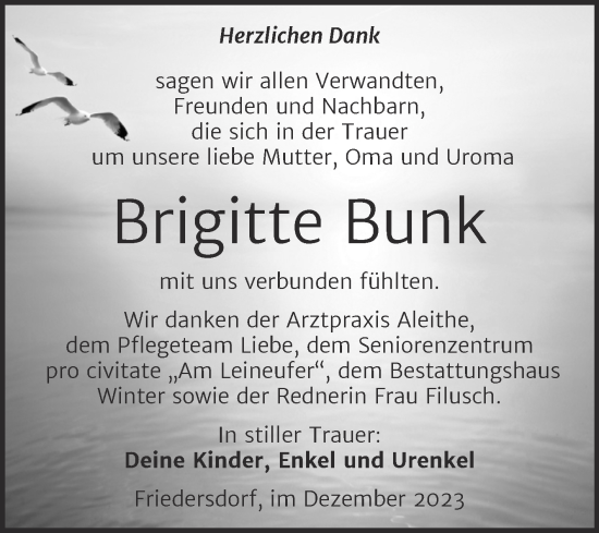 Traueranzeige von Brigitte Bunk von Trauerkombi Bitterfeld