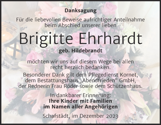 Traueranzeige von Brigitte Ehrhardt von Trauerkombi Merseburg