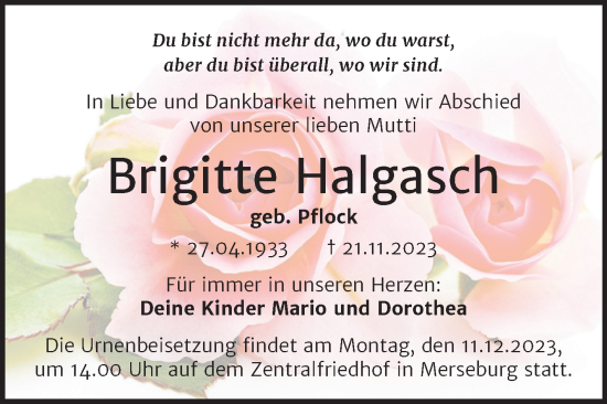 Traueranzeige von Brigitte Halgasch von Trauerkombi Merseburg