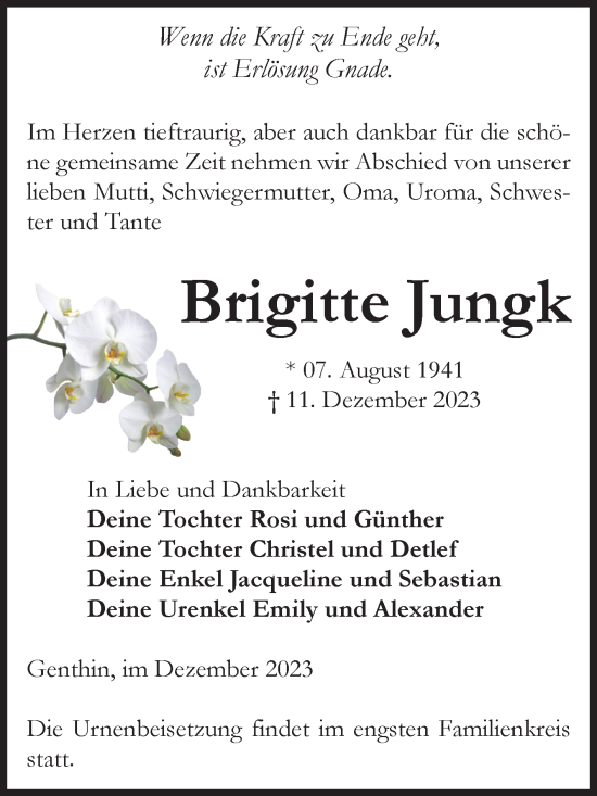 Traueranzeige von Brigitte Jungk von Volksstimme Burg/Genthin