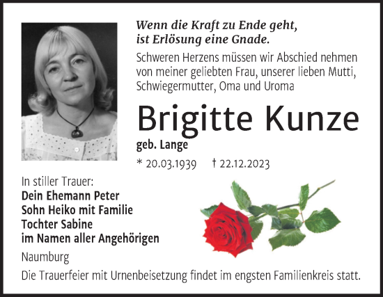 Traueranzeige von Brigitte Kunze von Naumburger Tageblatt