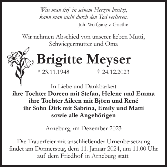 Traueranzeige von Brigitte Meyser von Volksstimme Altmark Ost
