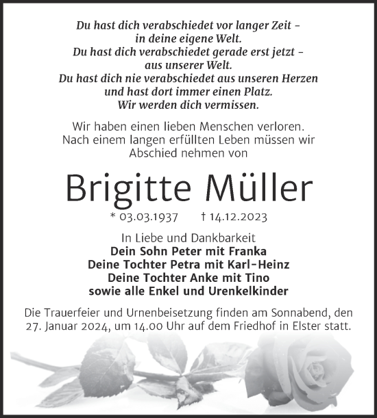 Traueranzeige von Brigitte Müller von Trauerkombi Wittenberg