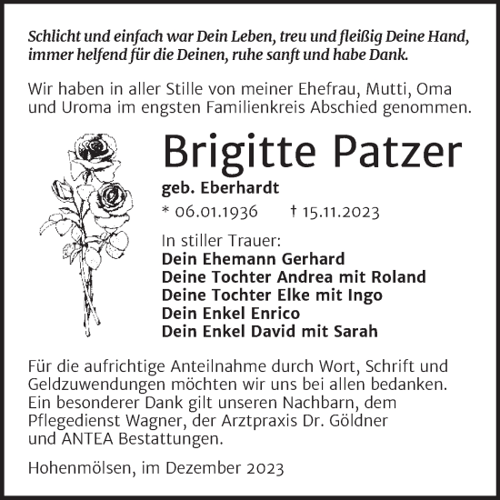 Traueranzeige von Brigitte Patzer von Trauerkombi Weißenfels