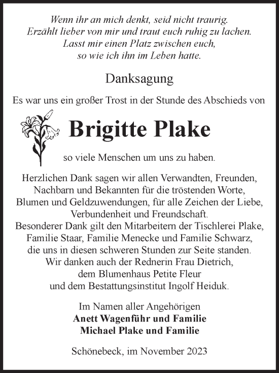 Traueranzeige von Brigitte Plake von Volksstimme Schönebeck
