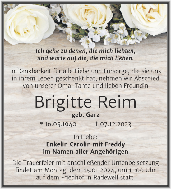 Traueranzeige von Brigitte Reim von Mitteldeutsche Zeitung Halle/Saalkreis